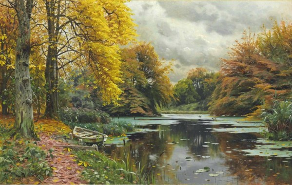 Landscape with small boat and trees along the stream by Peter Mork Monsted